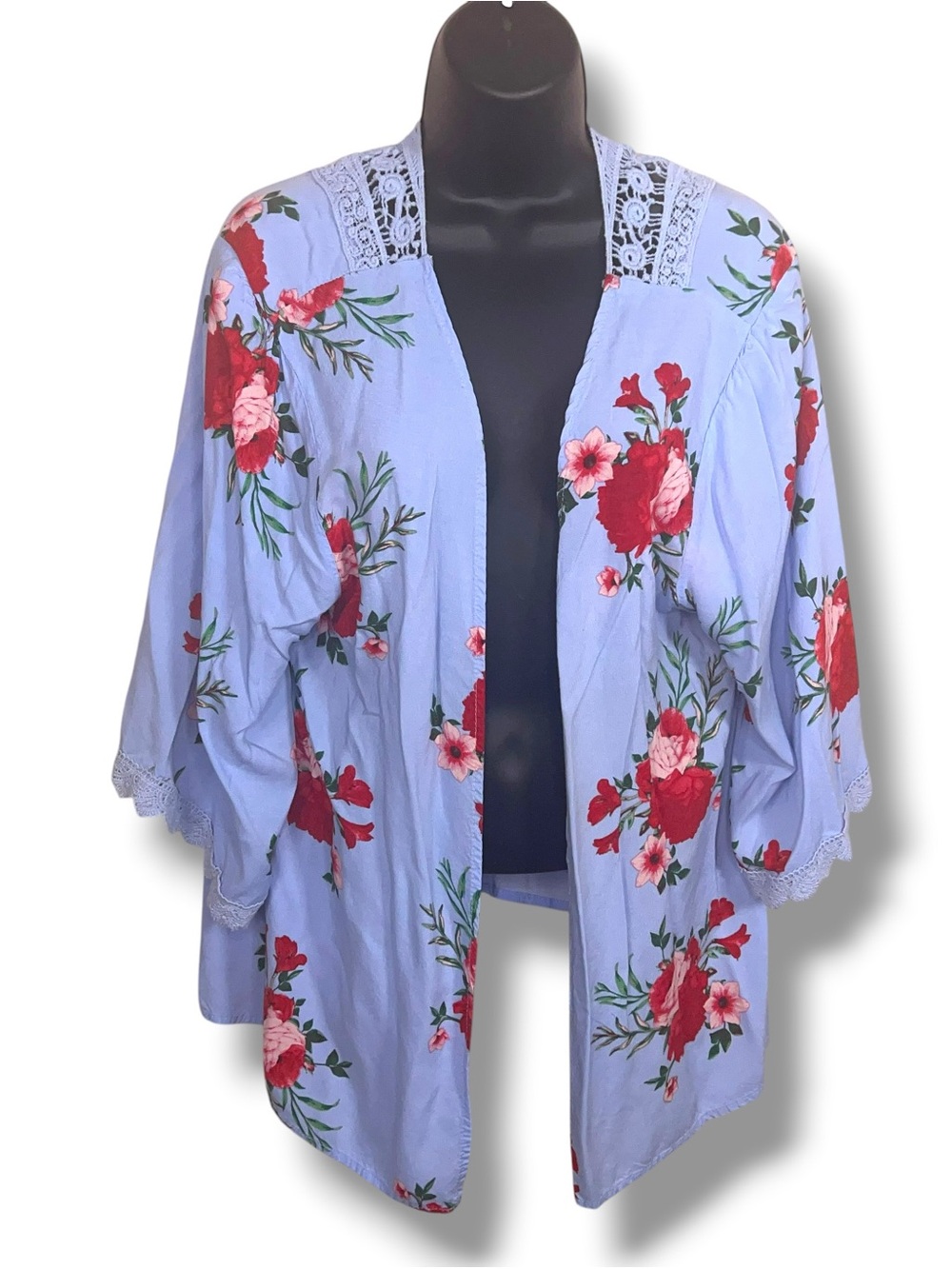 One Size Periwinkle Blue Red Floral Print Kimono Embroidered Lace Accent